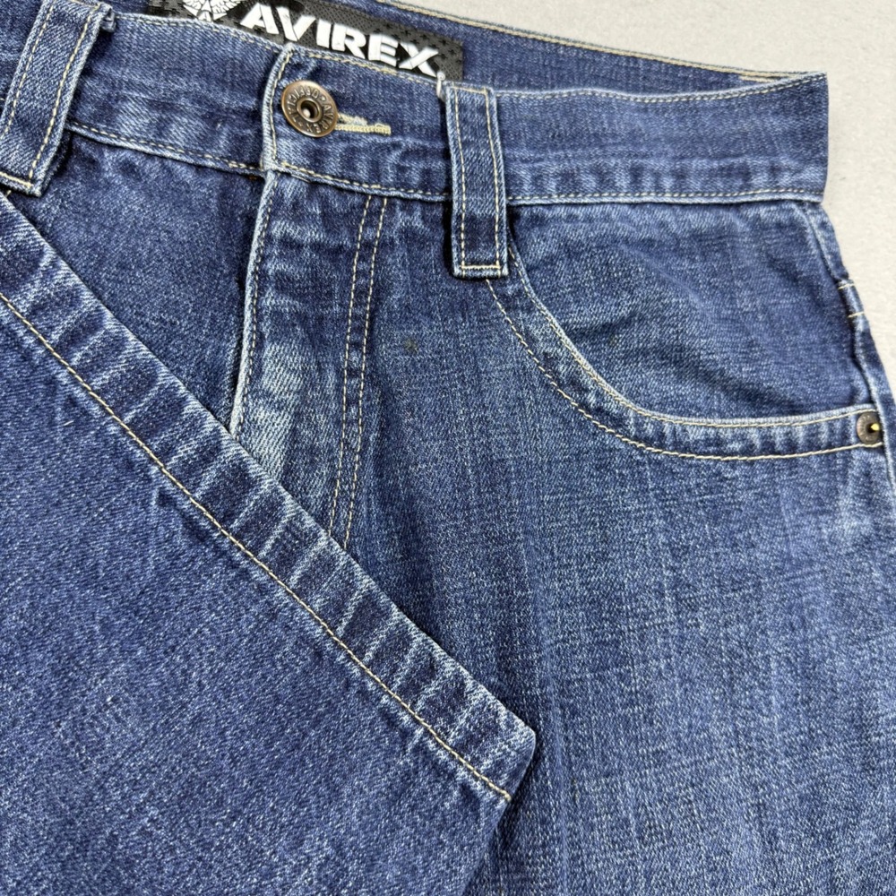 Avirex Mens Denim Shorts Blue Baggy Relaxed Fit Embroidered Streetwear Size 32